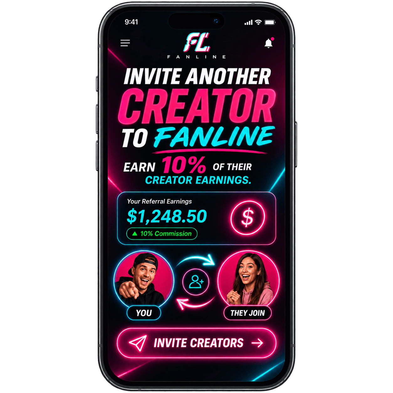 FanLine invite creators and earn referral commissions screen
