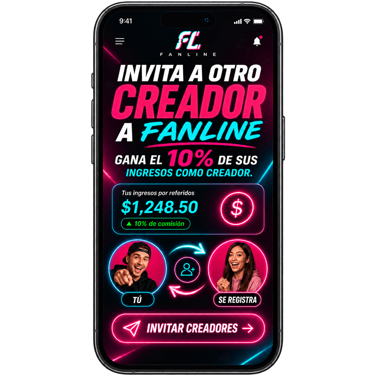 Pantalla de FanLine para invitar creadores y ganar comisiones por referidos